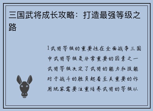 三国武将成长攻略：打造最强等级之路